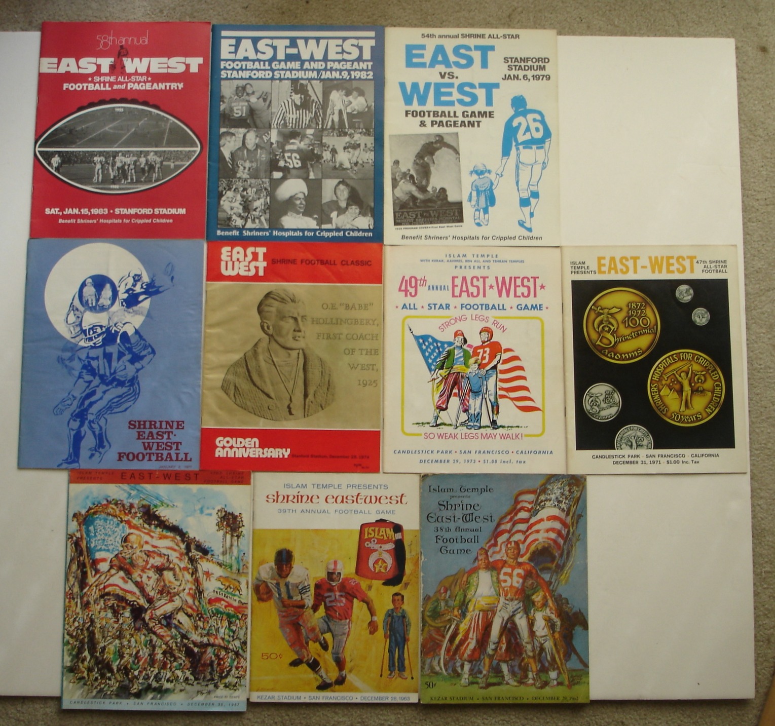 Image for Lot of 10 Shrine East-West College Football Game Programs