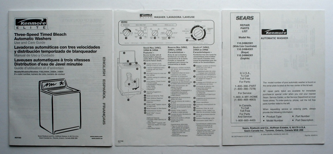 Kenmore Elite Washer Use and Care Guide, Parts List, and Overview Sheet